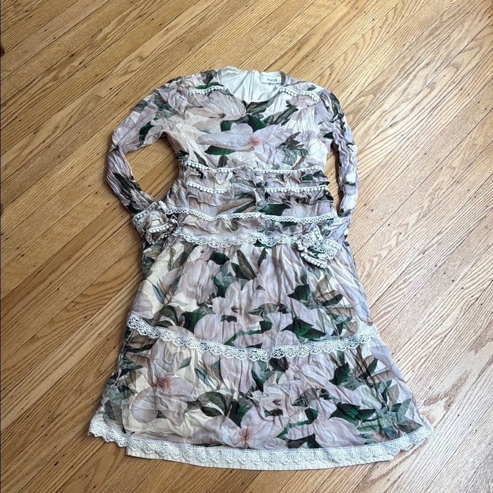 PORTER Girls Floral Lace Dress Size 14, Long Sleeve Lined Ruffle Hem